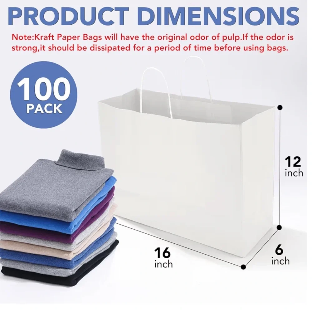 100Pcs 16x6x12 Inches White Large Paper Bags with Handles